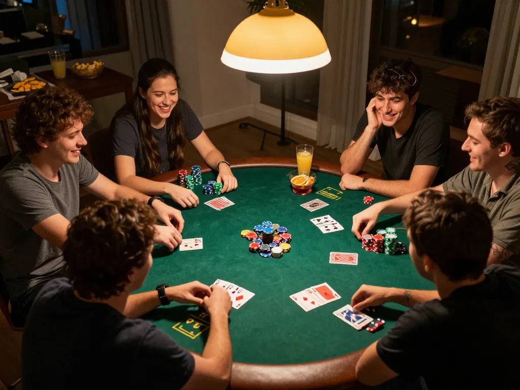 Kkwin players enjoying an exciting home poker game night with chips and camaraderie.
