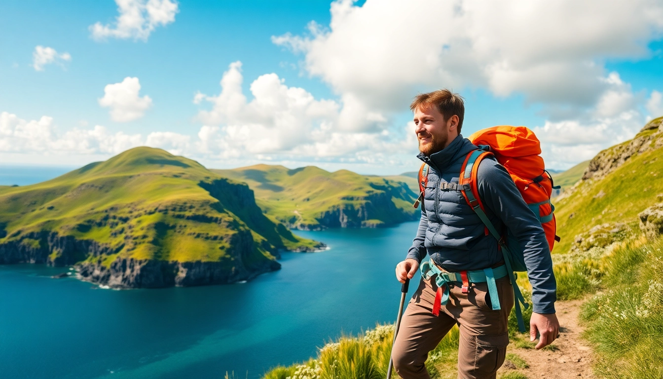 Begeisterte Wanderer während ihres Wandern Irland Urlaub in einer traumhaften, grünen Landschaft.