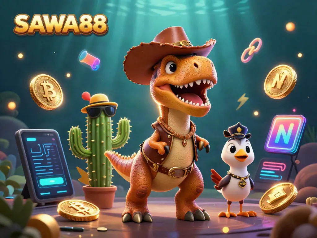 Spin the reels at SAWA888 with T-Rex and friends showcasing exciting crypto-themed gameplay.