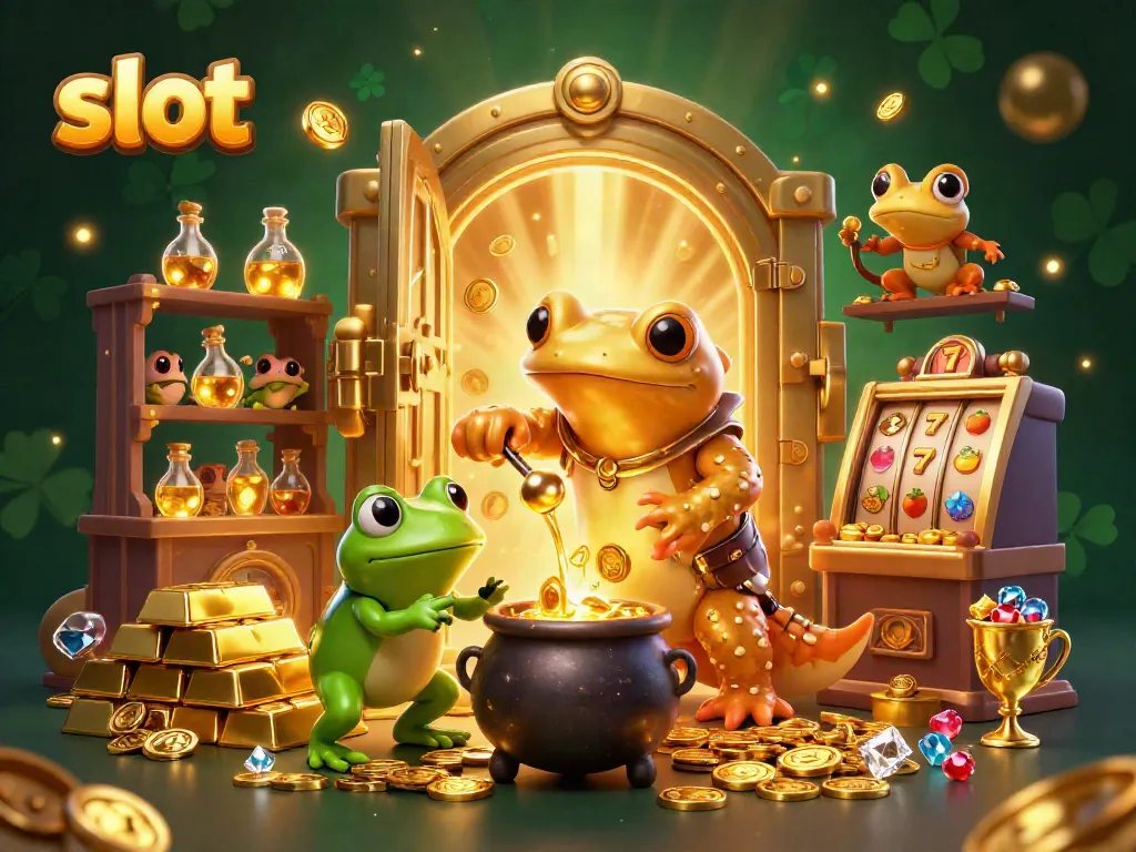 Spin the slot reels and win treasures in this vibrant casino scene with golden salamanders and jewels.