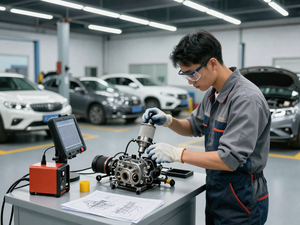 DPF Reinigung Hannover in einer modernen Werkstatt mit Techniker bei der Arbeit.