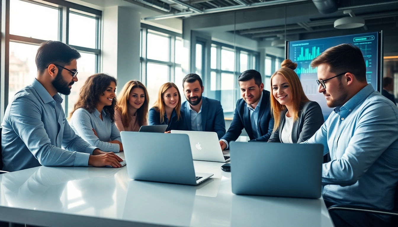 IT Consulting professionals collaborating in a modern setting with advanced technology.