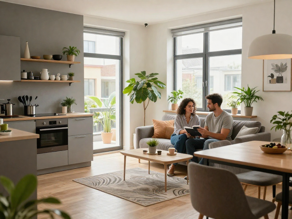 Moderne Monteurwohnung Hannover mit stilvollem, möbliertem Wohnzimmer, voll ausgestatteter Küche und einladendem Ambiente.
