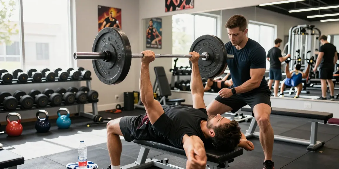 Anabolika Shop scene featuring a dedicated fitness enthusiast bench pressing weights in a vibrant gym, showcasing strength and determination.