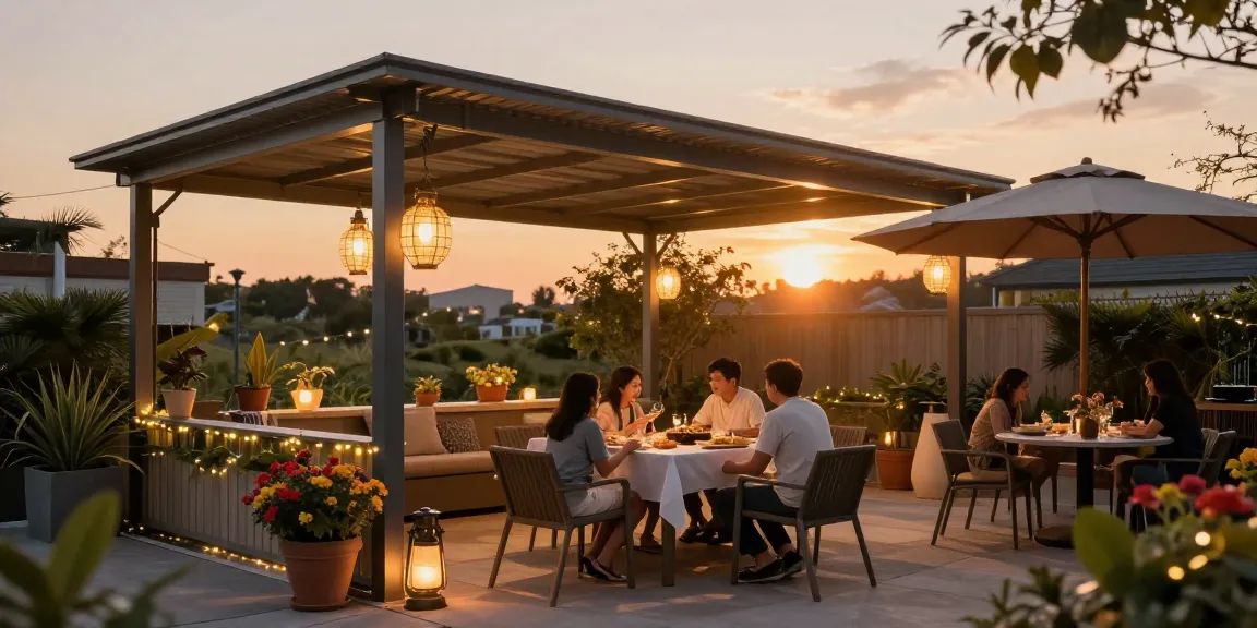Moderne Terrassenüberdachung mit Familie beim Abendessen auf der Terrasse.