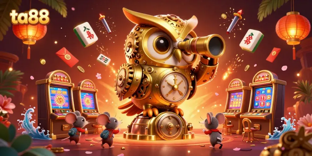 Experience thrilling casino action at ta88 with cartoon owl and mouse patrons amidst vibrant game elements.