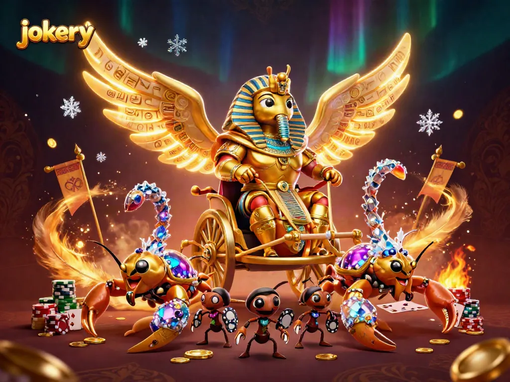Experience the thrill of jokery as golden scarabs and scorpions animate a vibrant poker scene.