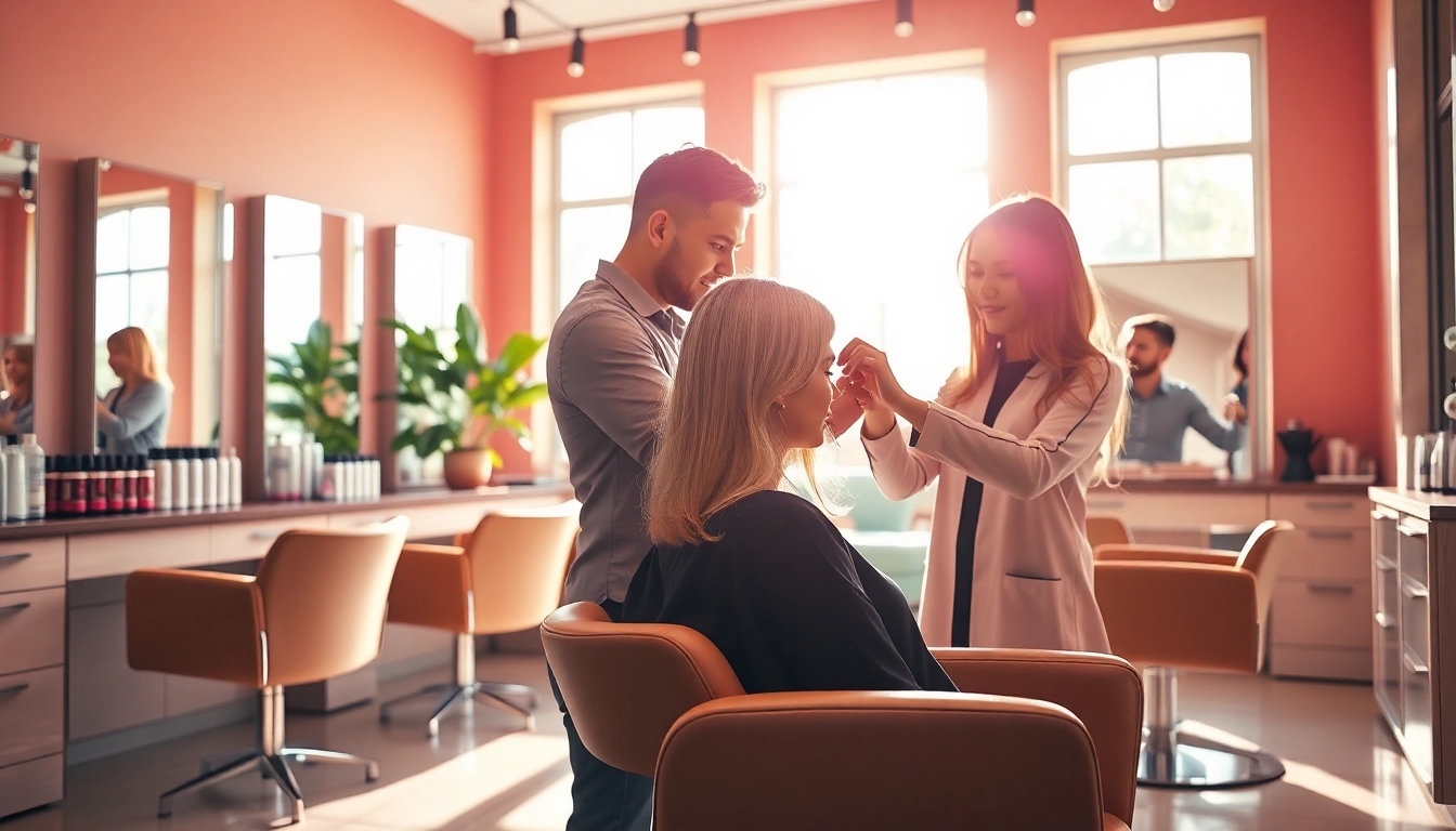 Stylish salon scene with a hairstylist and client, showcasing parrucchiere vicino a me experiences.