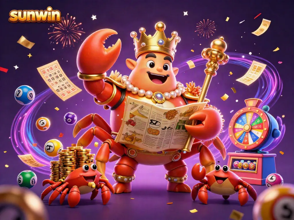 Engage with the vibrant gaming universe of sunwin featuring a golden crab emperor amid lottery elements and a dynamic casino scene.