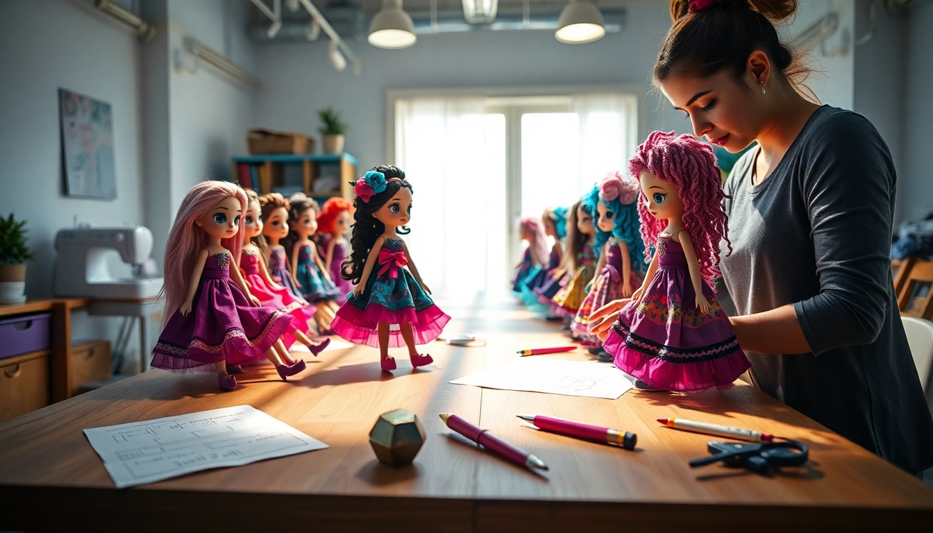 Gestaltung einzigartiger Gutdolls in einem hellen Atelier mit bunten Stoffen.
