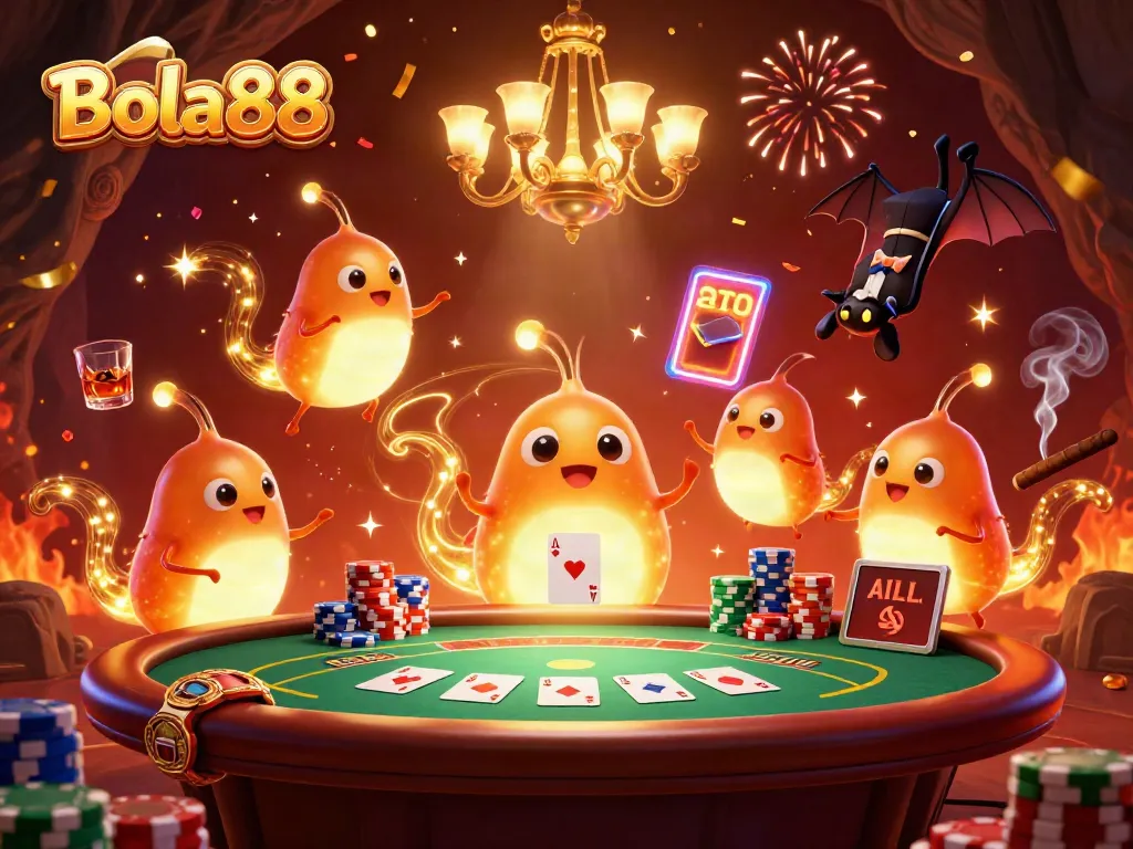 Bola88 engages players in a vibrant casino scene illuminated by glowing glowworms as a unique twist on gaming.