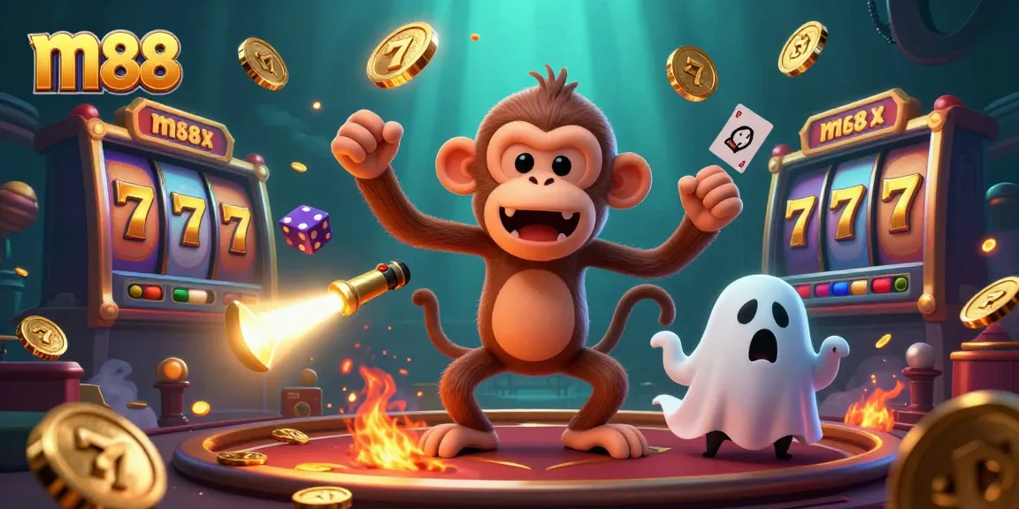 Engage with thrilling slot games at m88 as the poltergeist monkey juggles coins amidst vibrant casino excitement.
