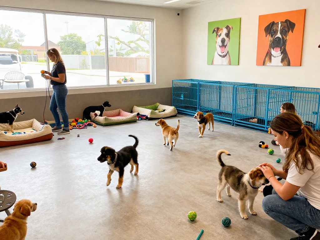 Engaging dog daycare scene with playful puppies emphasizing depo 10k pet care quality and services.