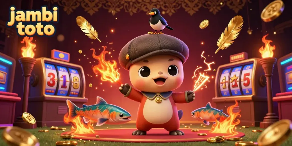 Experience the thrill of jambi toto with playful characters in a vibrant casino scene, featuring slot reels and gold.