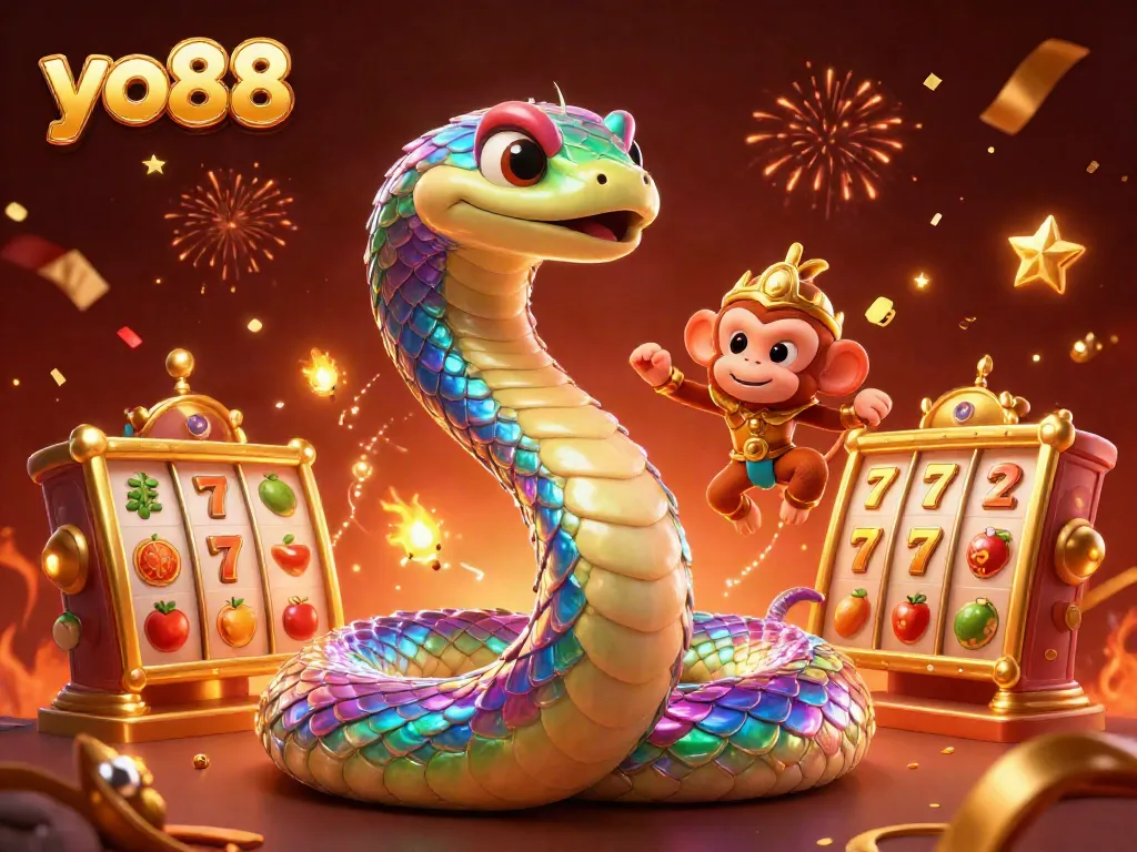 Experience the thrill of winning with yo88's vibrant 3D slot scene, featuring a playful monkey king and radiant serpent.