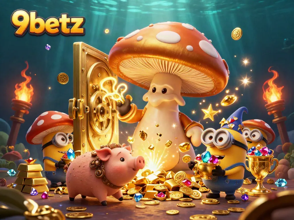 Engage with 9betz as mushroom wizard transforms treasures in an enchanting casino scene.