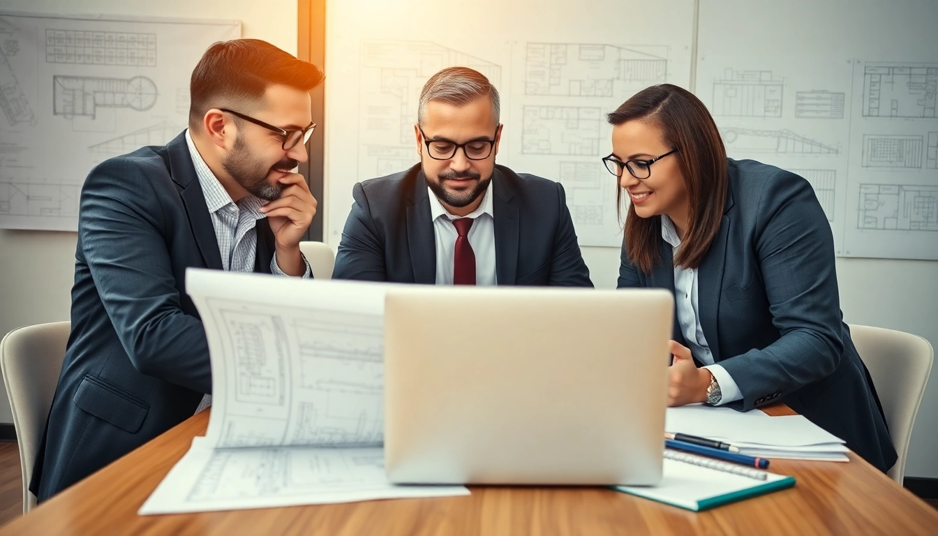 Headhunter Ingenieure bei einem dynamischen Meeting mit Ingenieurplänen und Laptop.