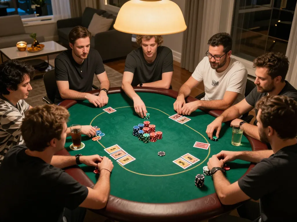 A player enjoying poker night at home with friends while engaging in kkwin strategies.
