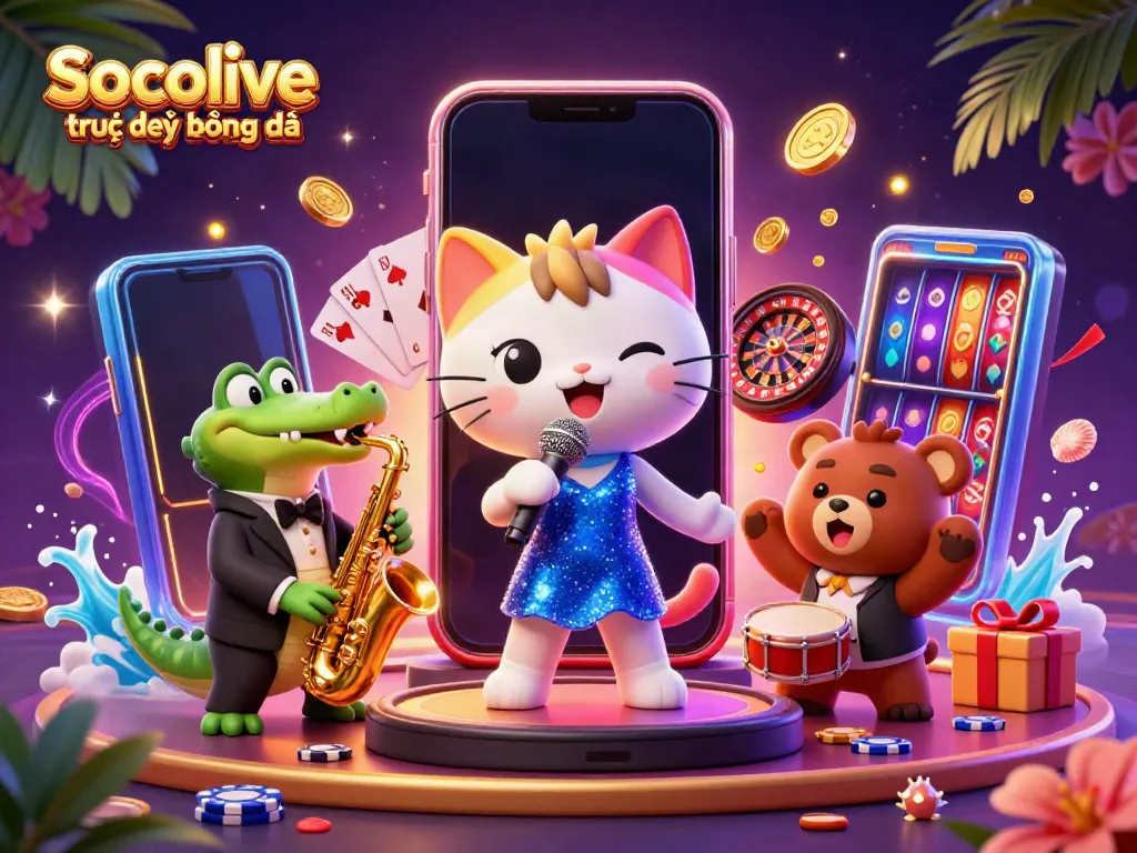 Socolive trực tiếp bóng đá showcases a lively casino scene with cartoon characters and dynamic gaming elements.