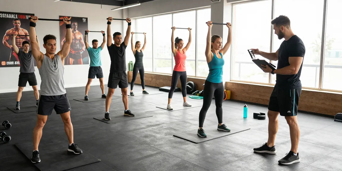 Anabolika Shop Deutschland - Energetische Fitnessszene mit verschiedenen Fitnessbegeisterten, die Gewichte heben und mit Widerstandsbändern trainieren, helle Atmosphäre, die das Engagement für Muskelw