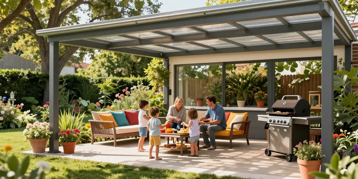 Moderne Terrassenüberdachungen im Garten mit Familie beim Grillen.