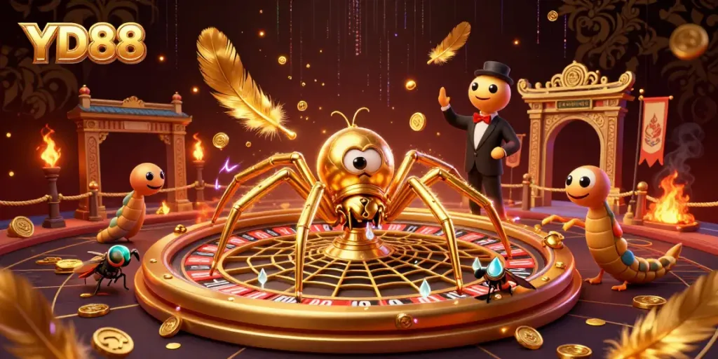 Spin the roulette at YD88 with a massive golden web, as characters engage in thrilling bets.