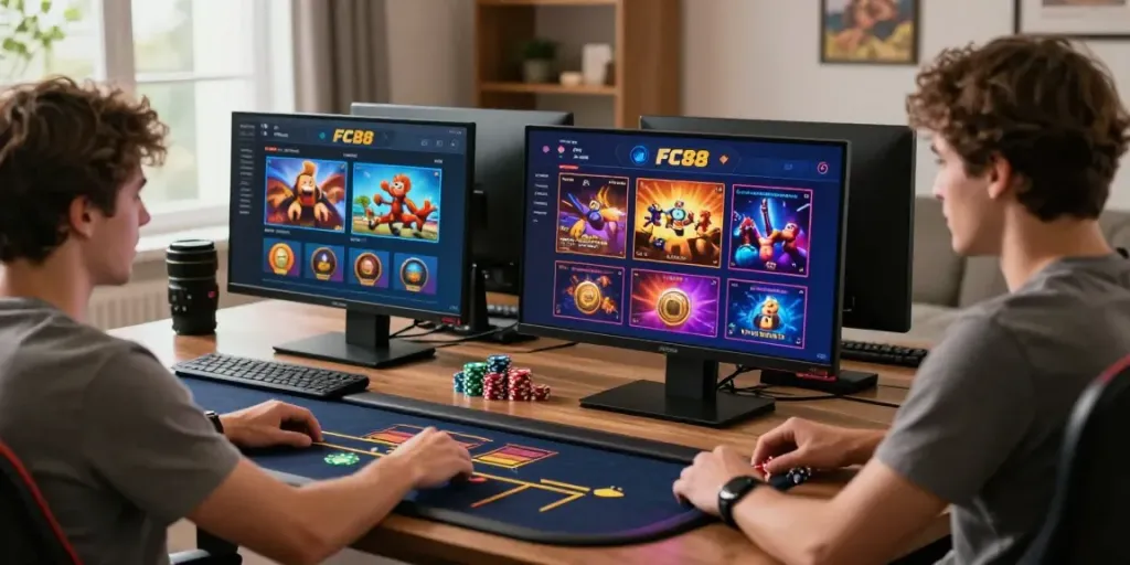 Engaged player exploring FC88's online casino games on a stylish laptop.