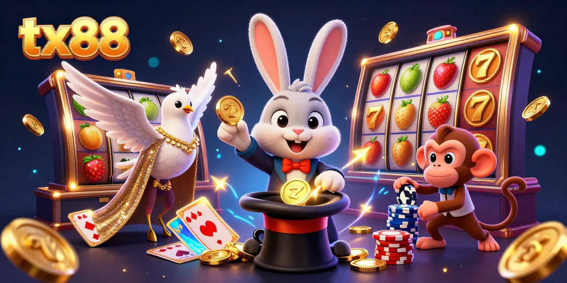 Experience the thrill of winning at tx88 with a dynamic casino scene featuring a lucky magician and coins.
