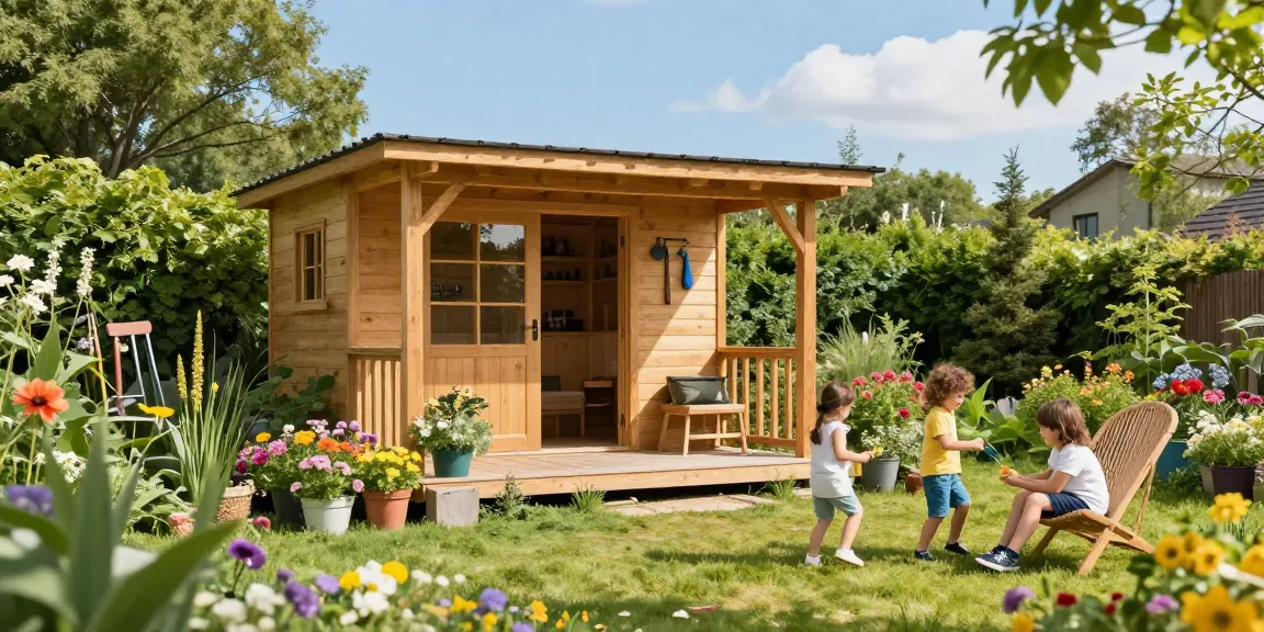 Familie entspannt vor einem Gartenhaus und genießt den schönen Garten.