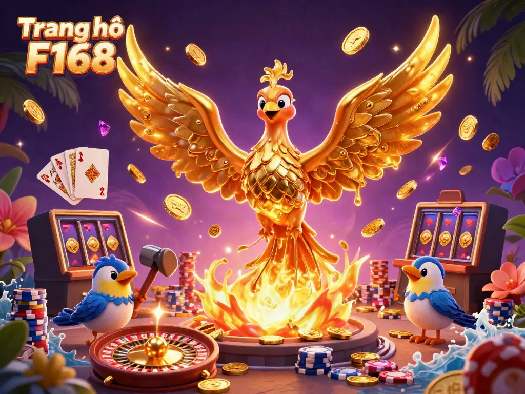 Experience thrilling wins on Trang chủ F168 with a golden phoenix rising, surrounded by casinos' finest.