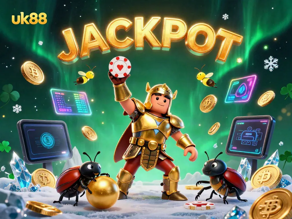 UK88 jackpot victory scene with 3D characters celebrating amidst crypto coins and vibrant casino elements.