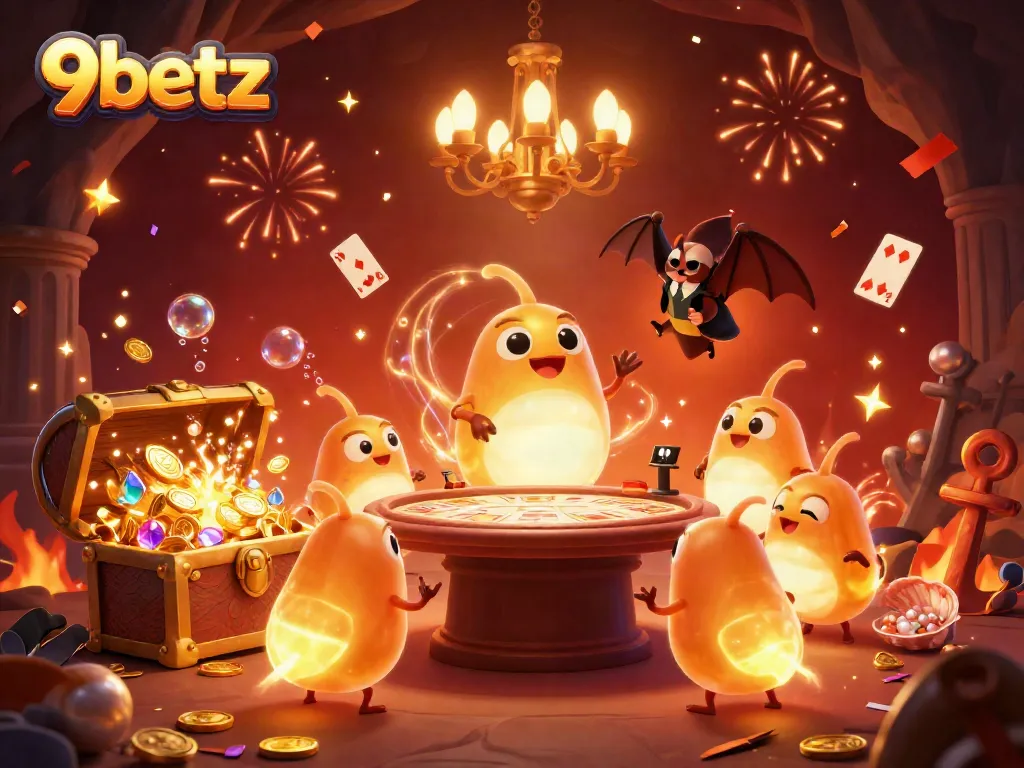 Join the glowing action of 9betz in this vibrant casino scene with animated characters lighting up the game.