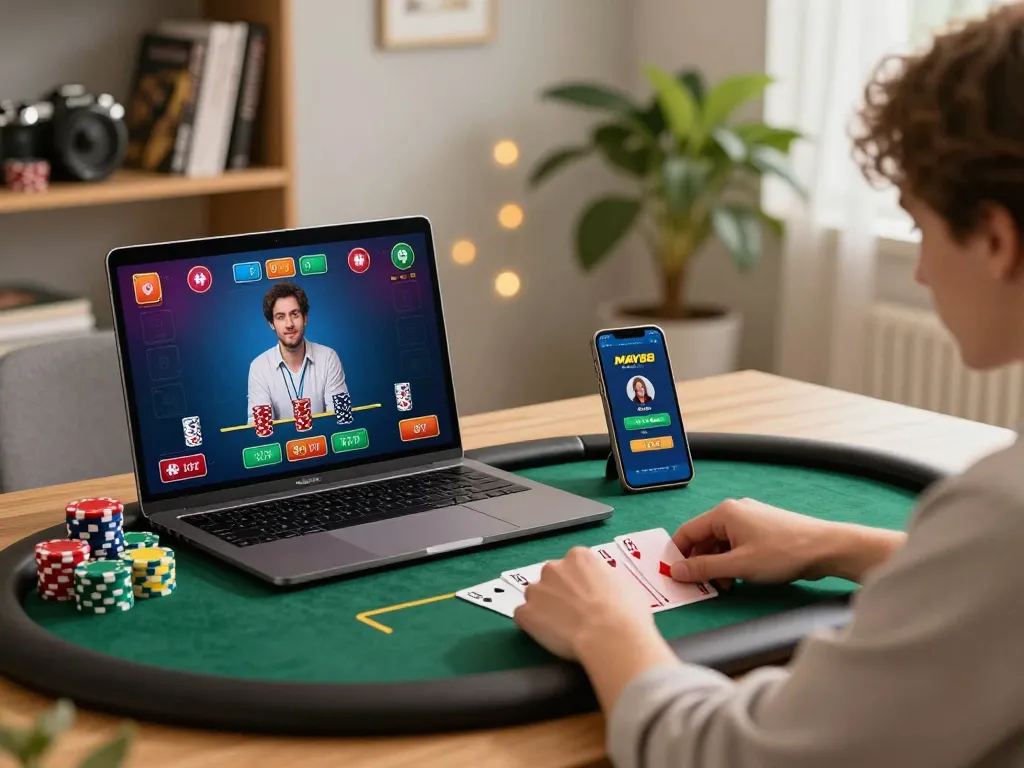 MAY88 online poker game in progress with colorful chips and engaged players visible on-screen, showcasing a dynamic online gambling experience.