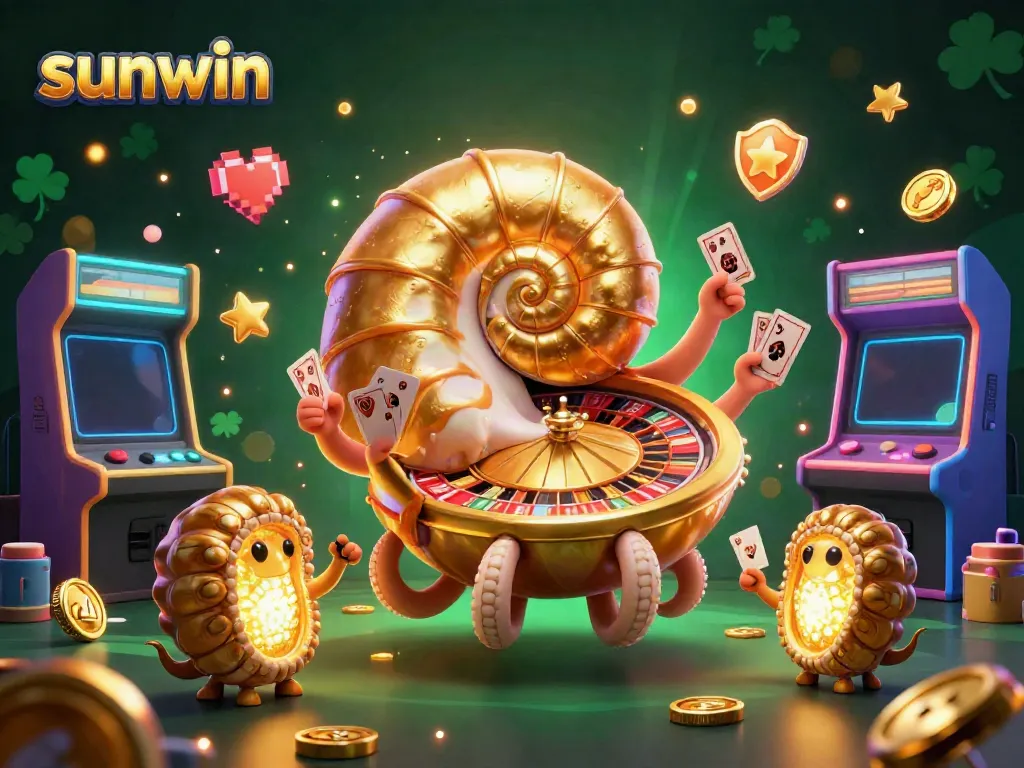 Experience thrilling gameplay with sunwin as a vibrant nautilus roulette character interacts with glowing arcade machines.