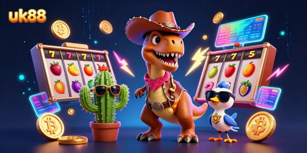 Engage in the thrilling atmosphere of uk88 with a cartoon T-Rex cowboy surrounded by vibrant slot elements.