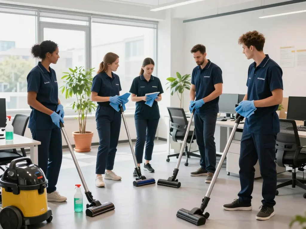 Team bereitet sich auf Gebäudeservice in Münster mit umweltfreundlichen Reinigungsmitteln in einem hellen Büro vor.