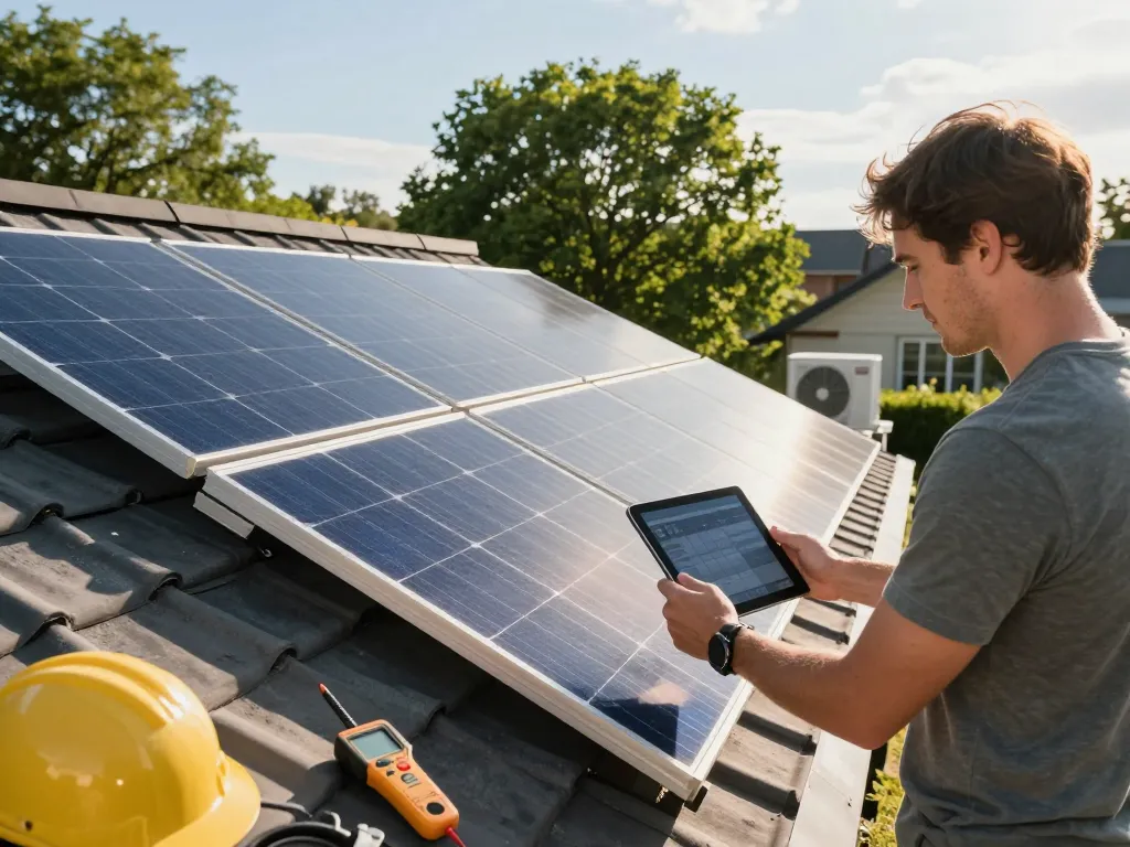 Installation von Photovoltaik-Dachsolarpanelen in Bayern mit Hausbesitzer, der Daten überprüft.