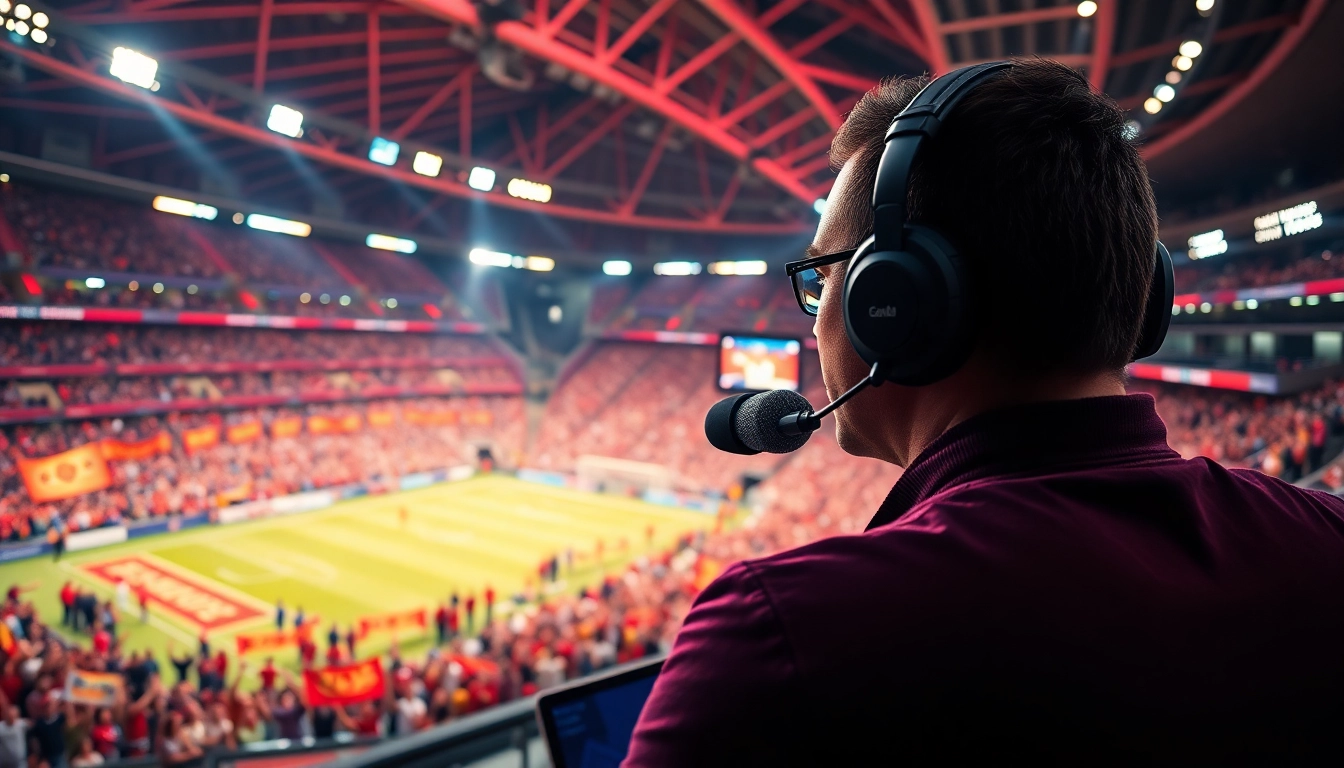 Dynamic scene of Sports Broadcasting with broadcaster and vibrant crowd in the background.
