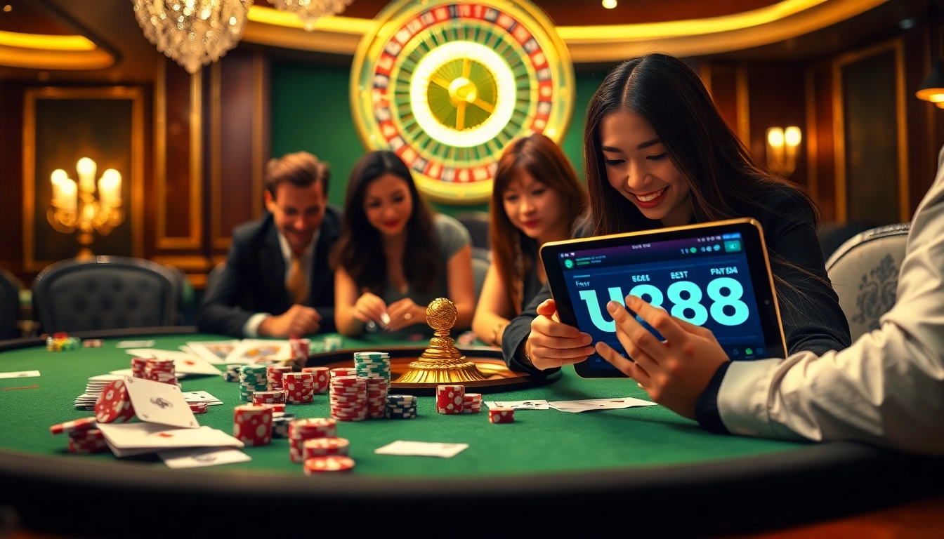 Experience the thrill of Nhà cái U888 with an elegant casino scene showcasing luxurious games and interactions.