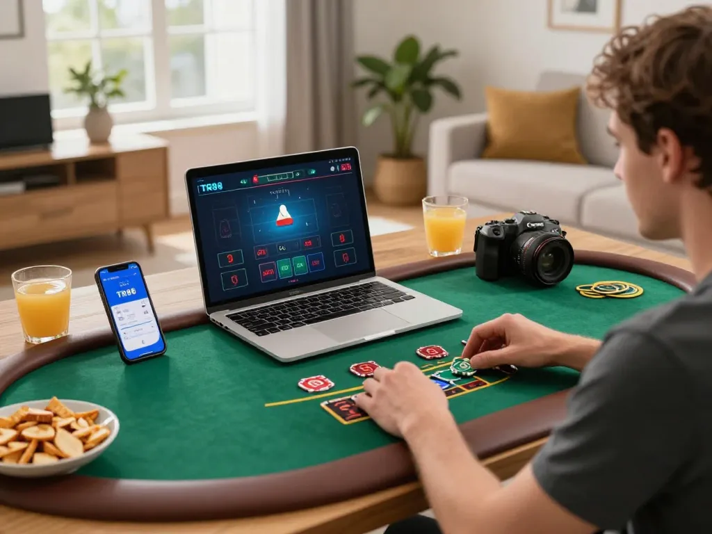 Player engaging with TR88 online casino app during a live dealer blackjack session at home.