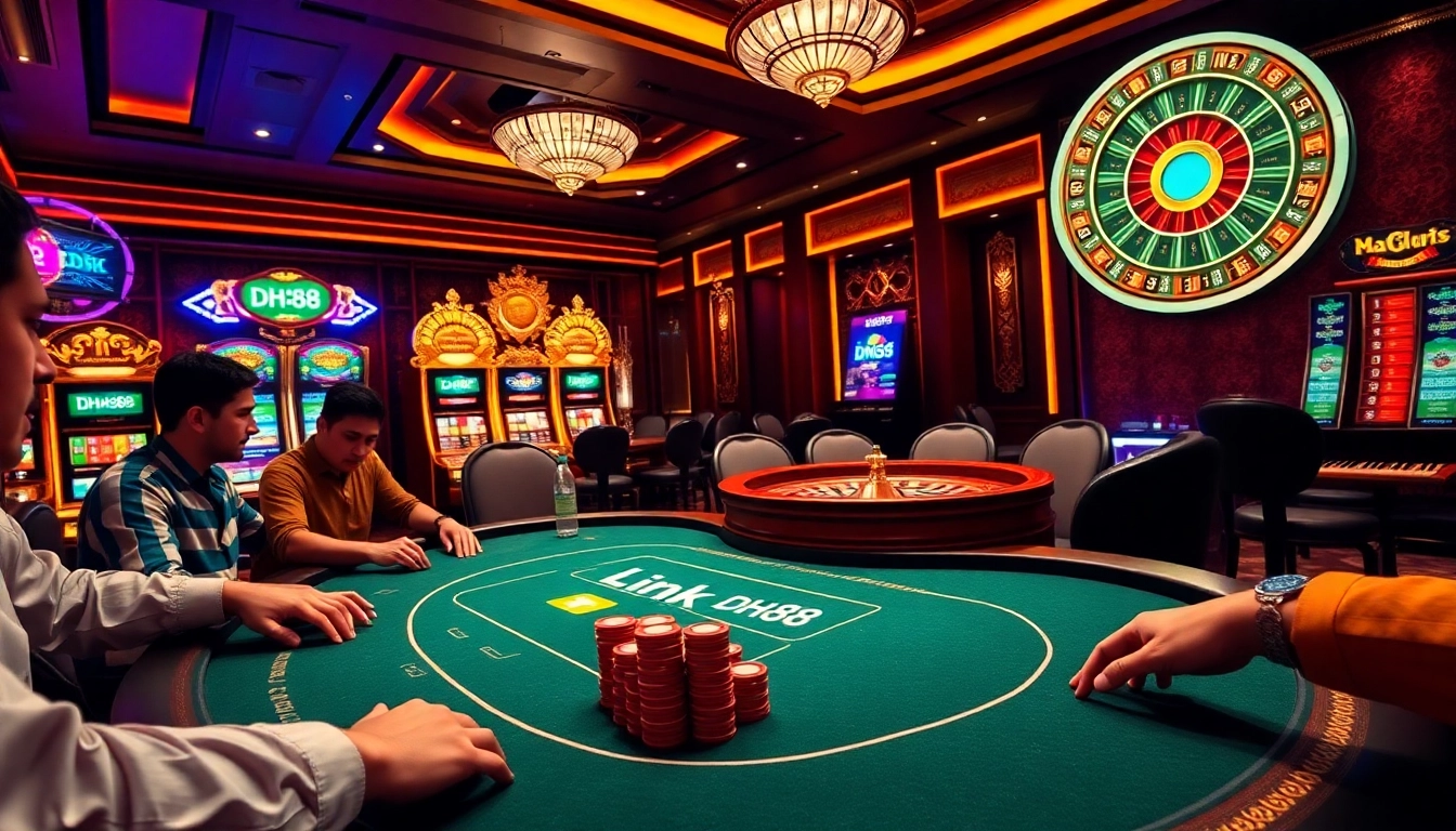 Experience thrilling gameplay with Link DH88 at an upscale casino table filled with vibrant poker chips.