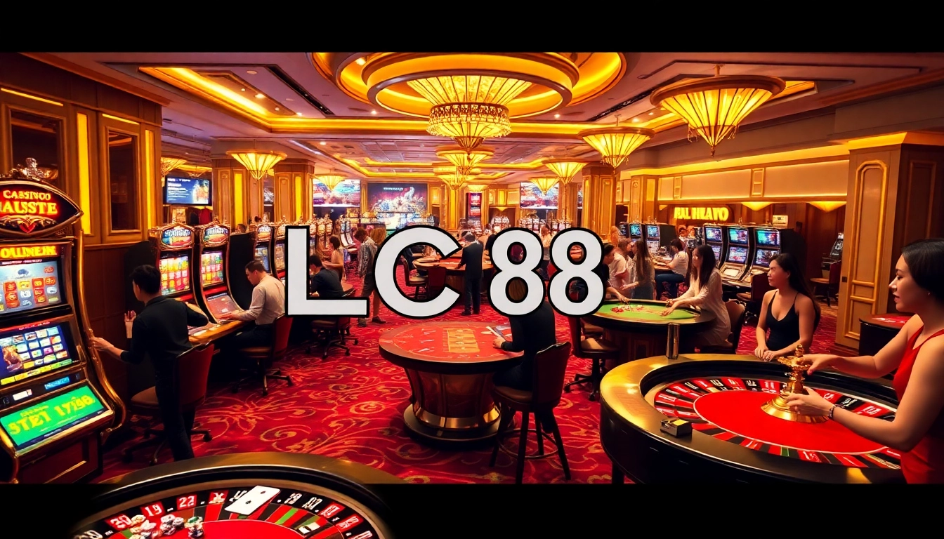 LC88 casino scene showcasing lively games and luxurious atmosphere filled with players and gaming elements.