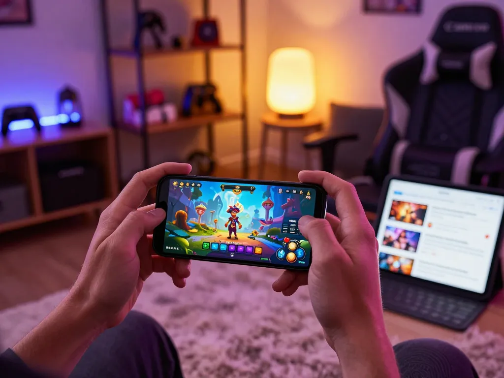 Playing free mobile porn games on a smartphone in a cozy gaming setup, showcasing vibrant graphics and interactive gameplay.