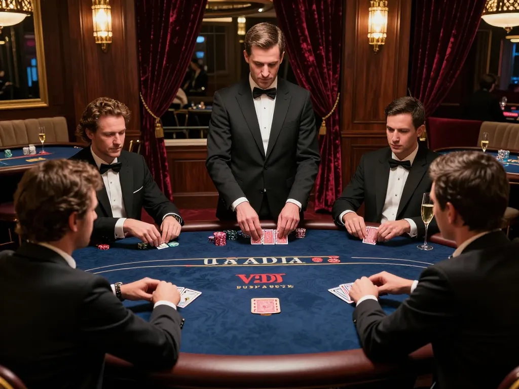 Players strategizing at a F168 VIP poker table in an elegant casino setting, highlighting exclusive gameplay.