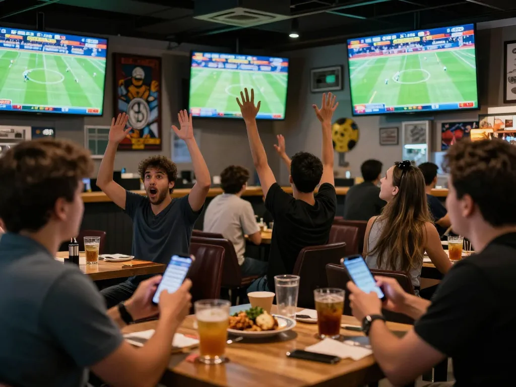 Engaged sports bettors analyzing kèo nhà cái odds during live matches at a vibrant sports bar