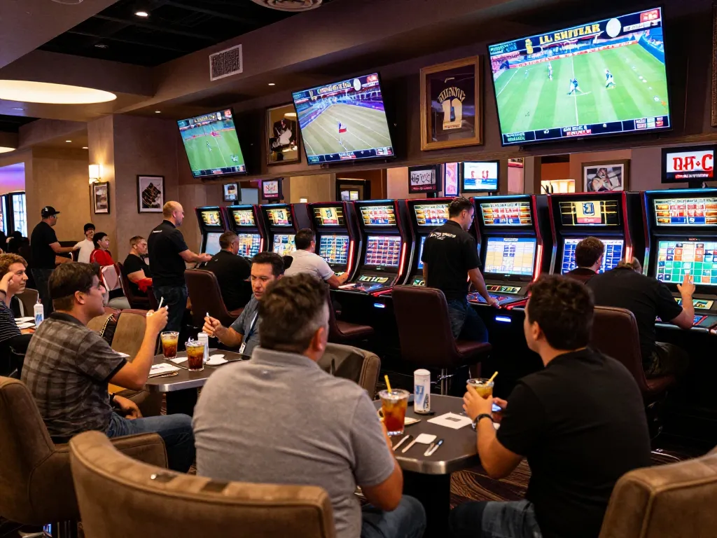 Soi keo nha cai at a lively sports betting lounge, patrons engaged in betting and lively discussions