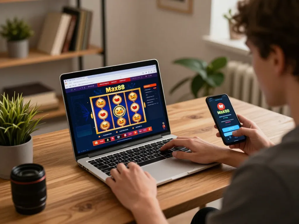 Engage with the Max88 online casino interface on a stylish desk setup during an exciting gaming session.