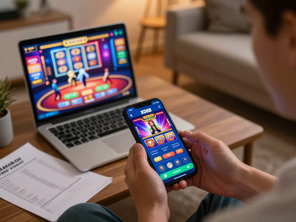 Playing XO88 on mobile app while tracking strategy notes at home.