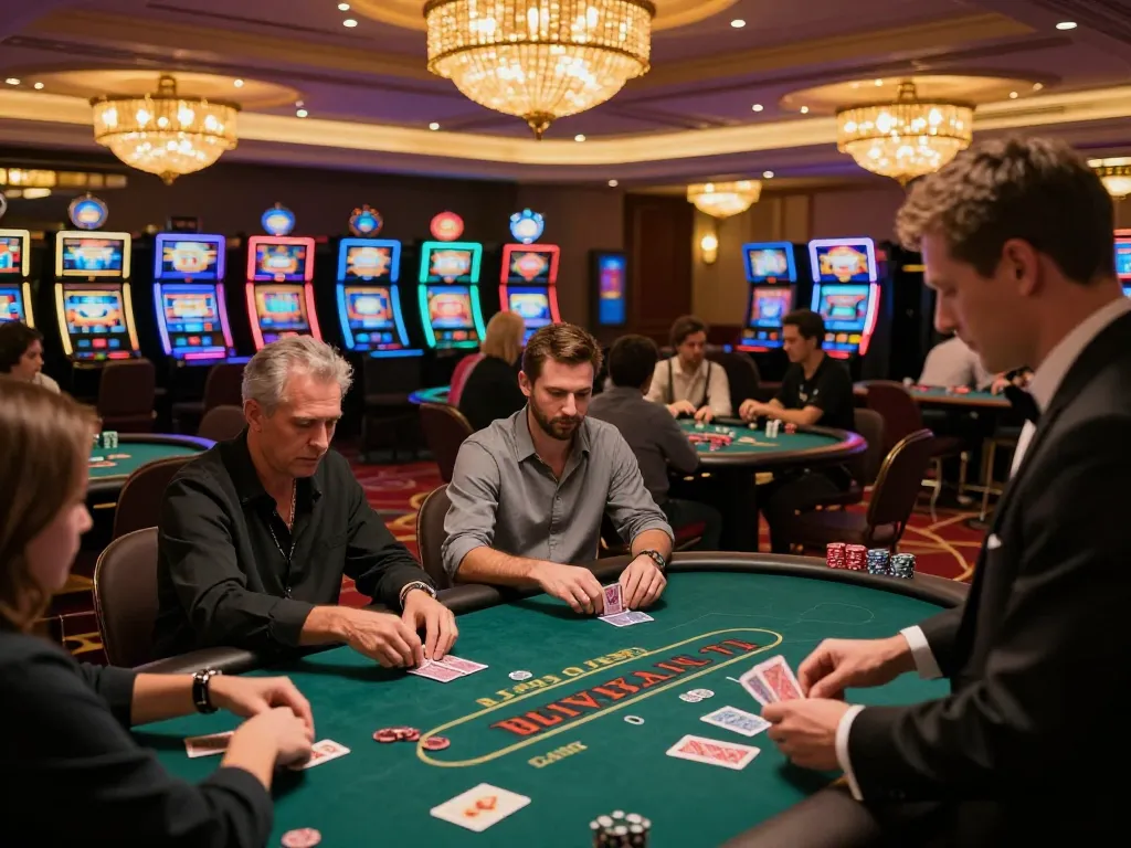 Experience the excitement of may88sss with players at poker tables in a vibrant casino atmosphere.