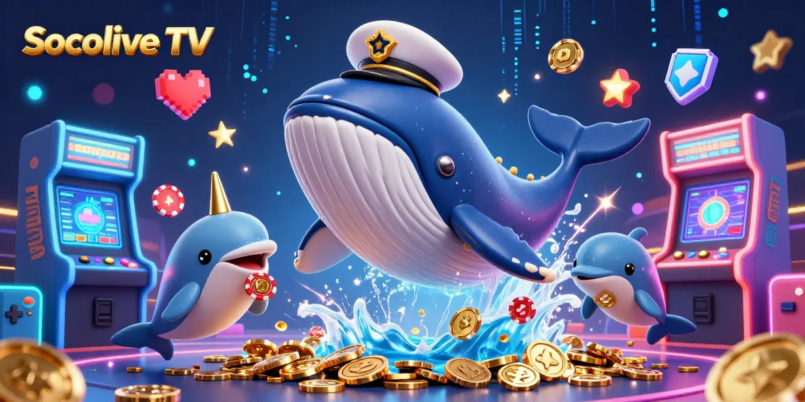 Socolive TV showcases an exciting 3D illustration with dynamic characters in a vibrant gambling scene surrounded by gold coins.